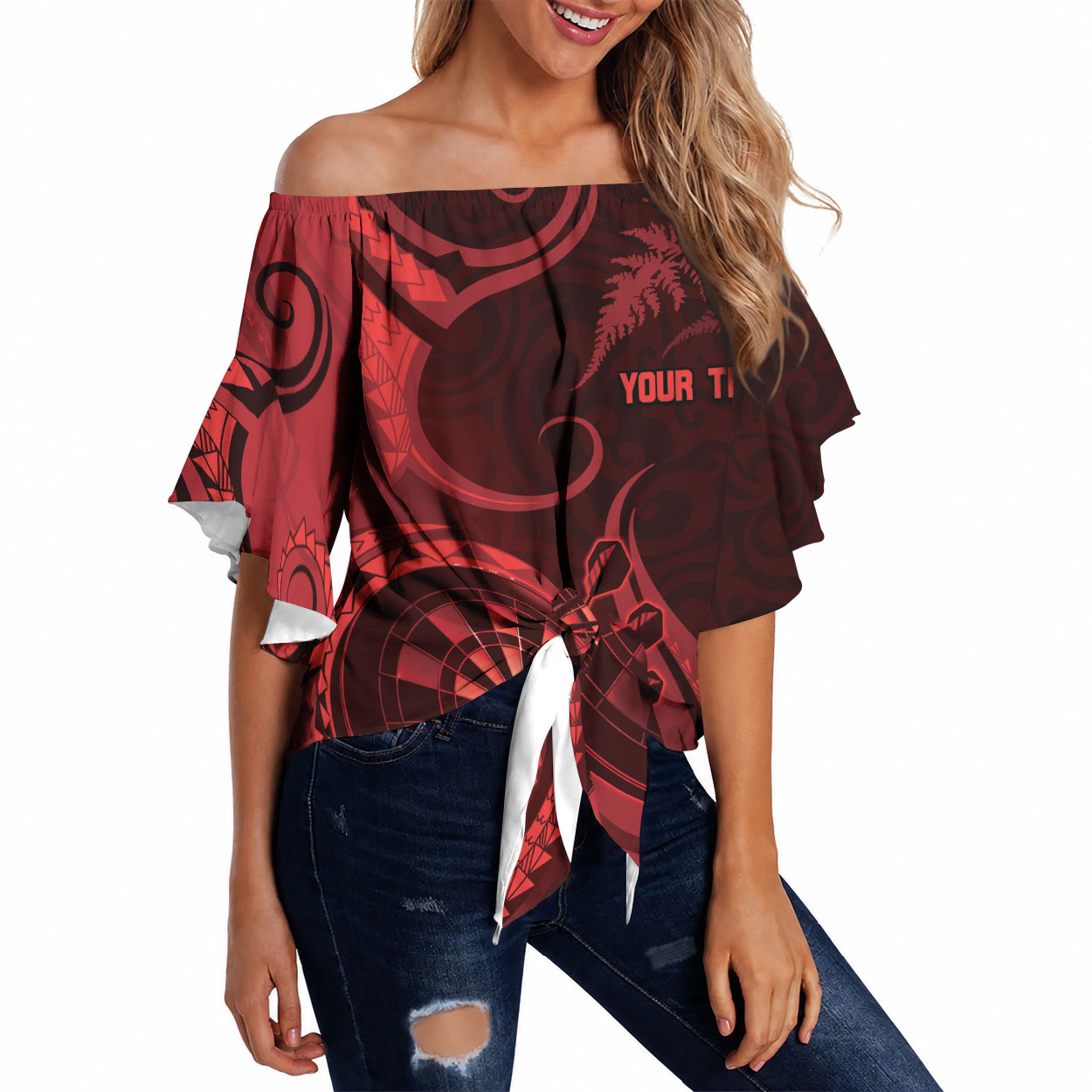 Personalised New Zealand Red Darts Off Shoulder Wrap Waist Top Maori Fern Curve Style