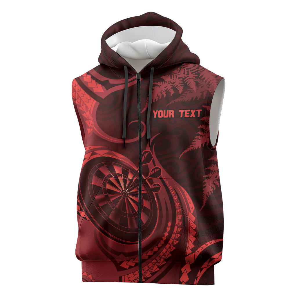Personalised New Zealand Red Darts Sleeveless Zip Hoodie Maori Fern Curve Style