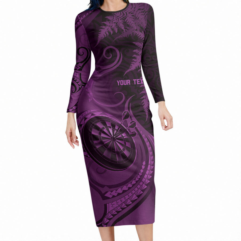 Personalised New Zealand Purple Darts Long Sleeve Bodycon Dress Maori Fern Curve Style LT05 Long Dress Purple - Polynesian Pride