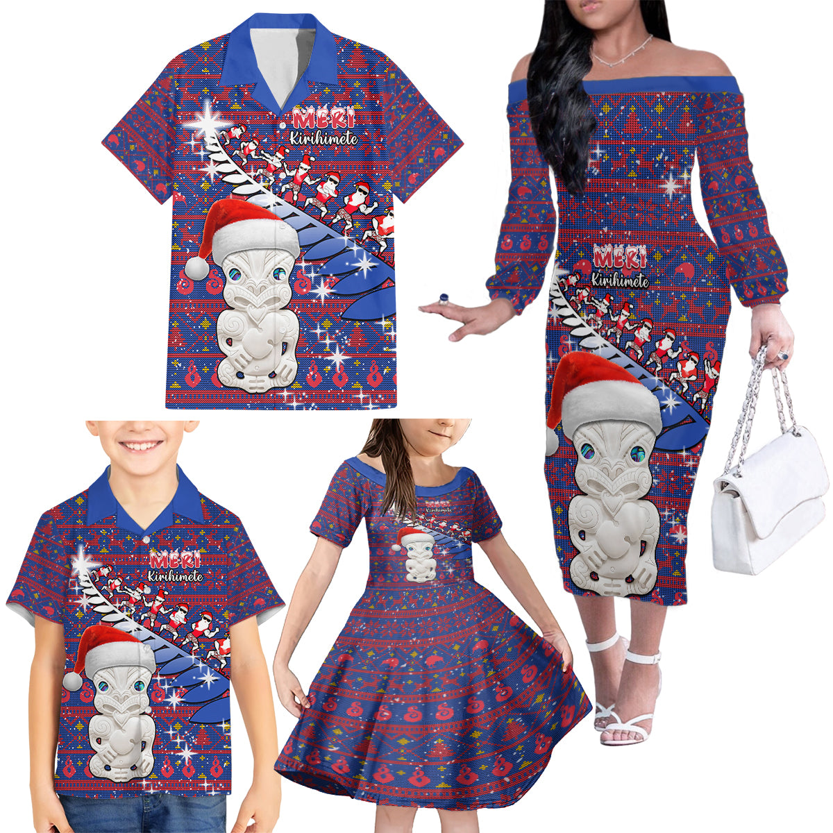 Personalized New Zealand Christmas Family Matching Off Shoulder Long Sleeve Dress and Hawaiian Shirt Haka Fern Santa Tiki Meri Kirihimete LT05 - Polynesian Pride