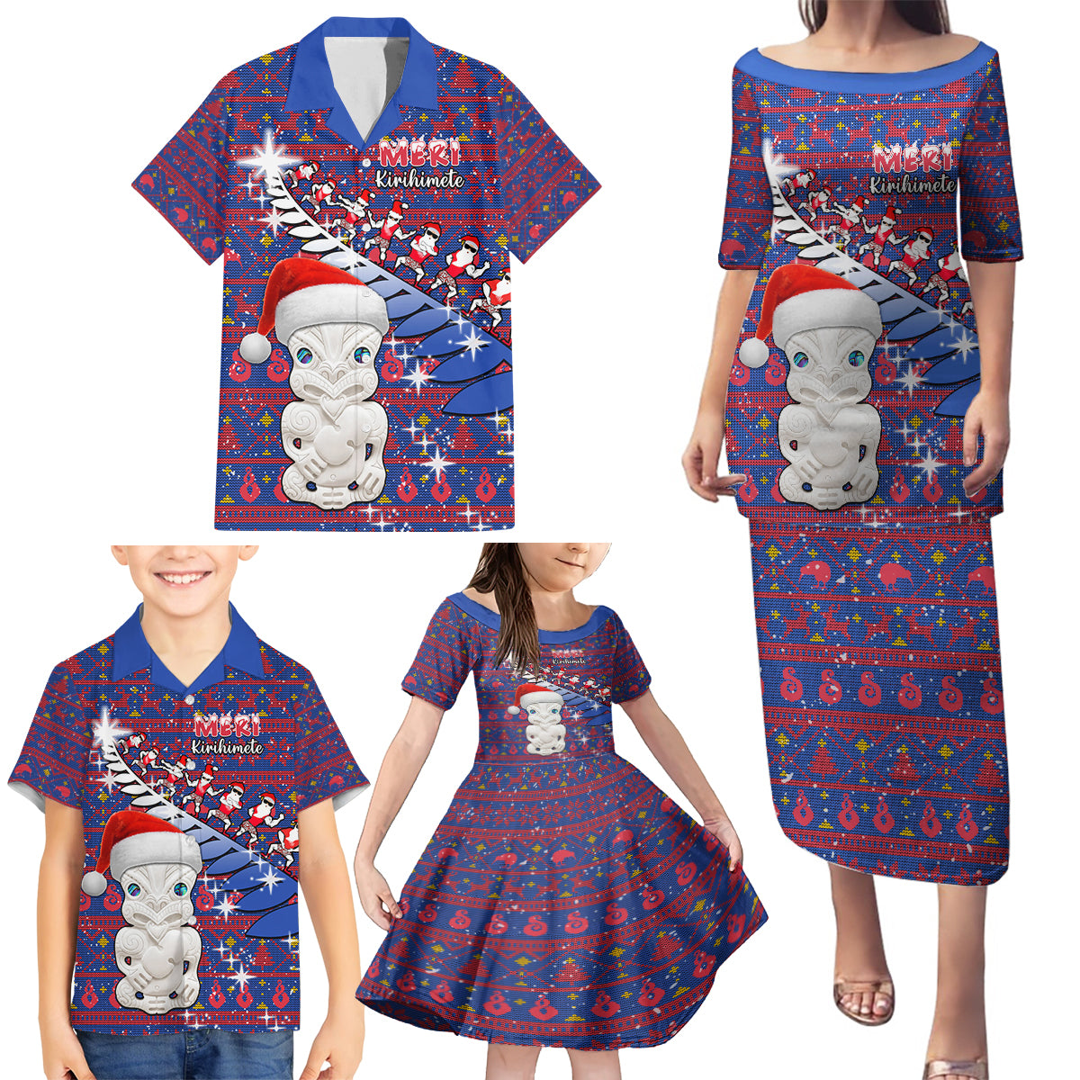 Personalized New Zealand Christmas Family Matching Puletasi Dress and Hawaiian Shirt Haka Fern Santa Tiki Meri Kirihimete LT05 - Polynesian Pride