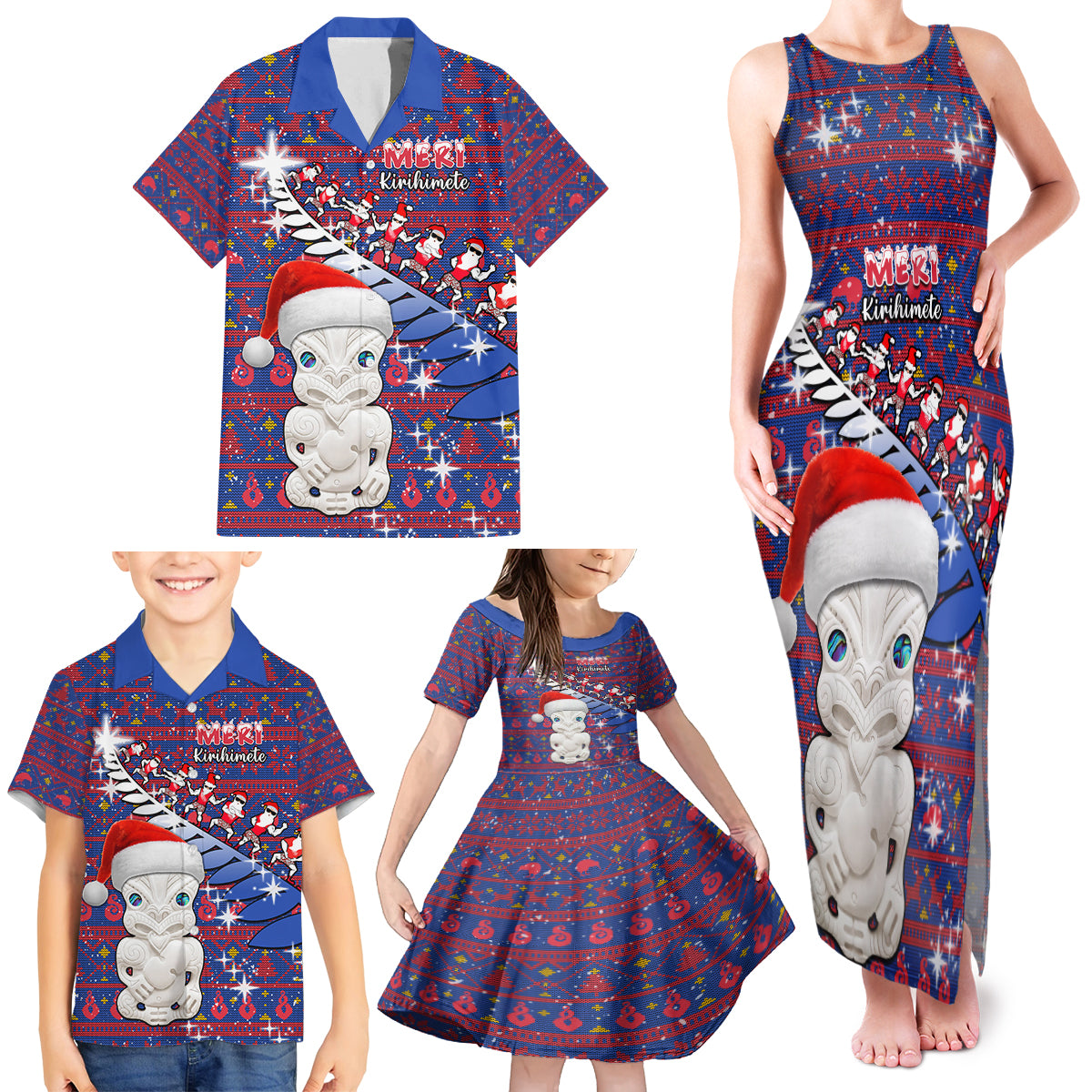 Personalized New Zealand Christmas Family Matching Tank Maxi Dress and Hawaiian Shirt Haka Fern Santa Tiki Meri Kirihimete LT05 - Polynesian Pride