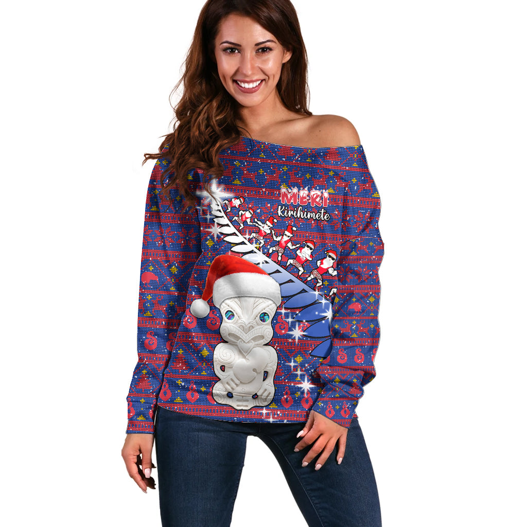 Personalized New Zealand Christmas Off Shoulder Sweater Haka Fern Santa Tiki Meri Kirihimete LT05 Women Blue - Polynesian Pride