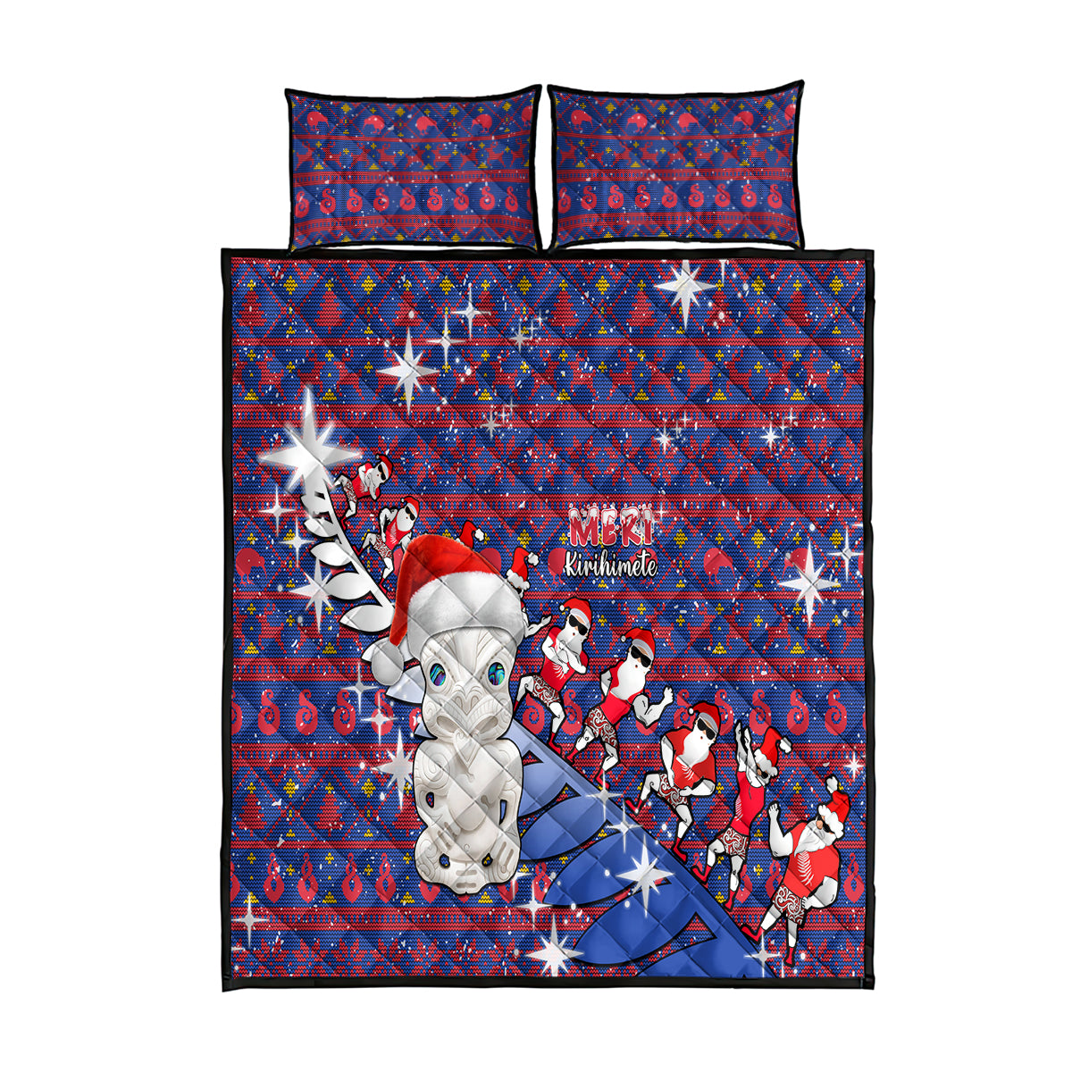 New Zealand Christmas Quilt Bed Set Haka Fern Santa Tiki Meri Kirihimete LT05 Blue - Polynesian Pride