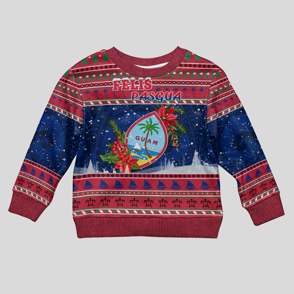 Guam Christmas Kid Ugly Christmas Sweater Guaman Seal Poinsettia Felis Pasgua LT05 Kid Red - Polynesian Pride
