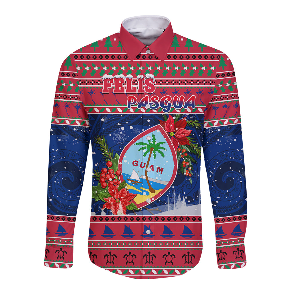 Guam Christmas Long Sleeve Button Shirt Guaman Seal Poinsettia Felis Pasgua LT05 Unisex Red - Polynesian Pride