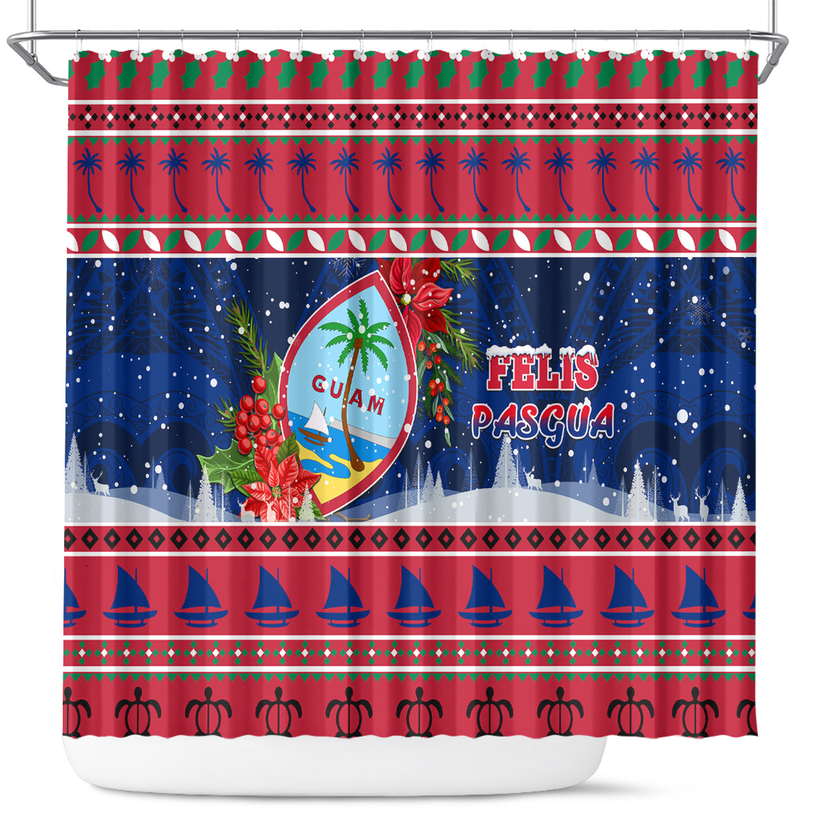 Guam Christmas Shower Curtain Guaman Seal Poinsettia Felis Pasgua LT05 Red - Polynesian Pride