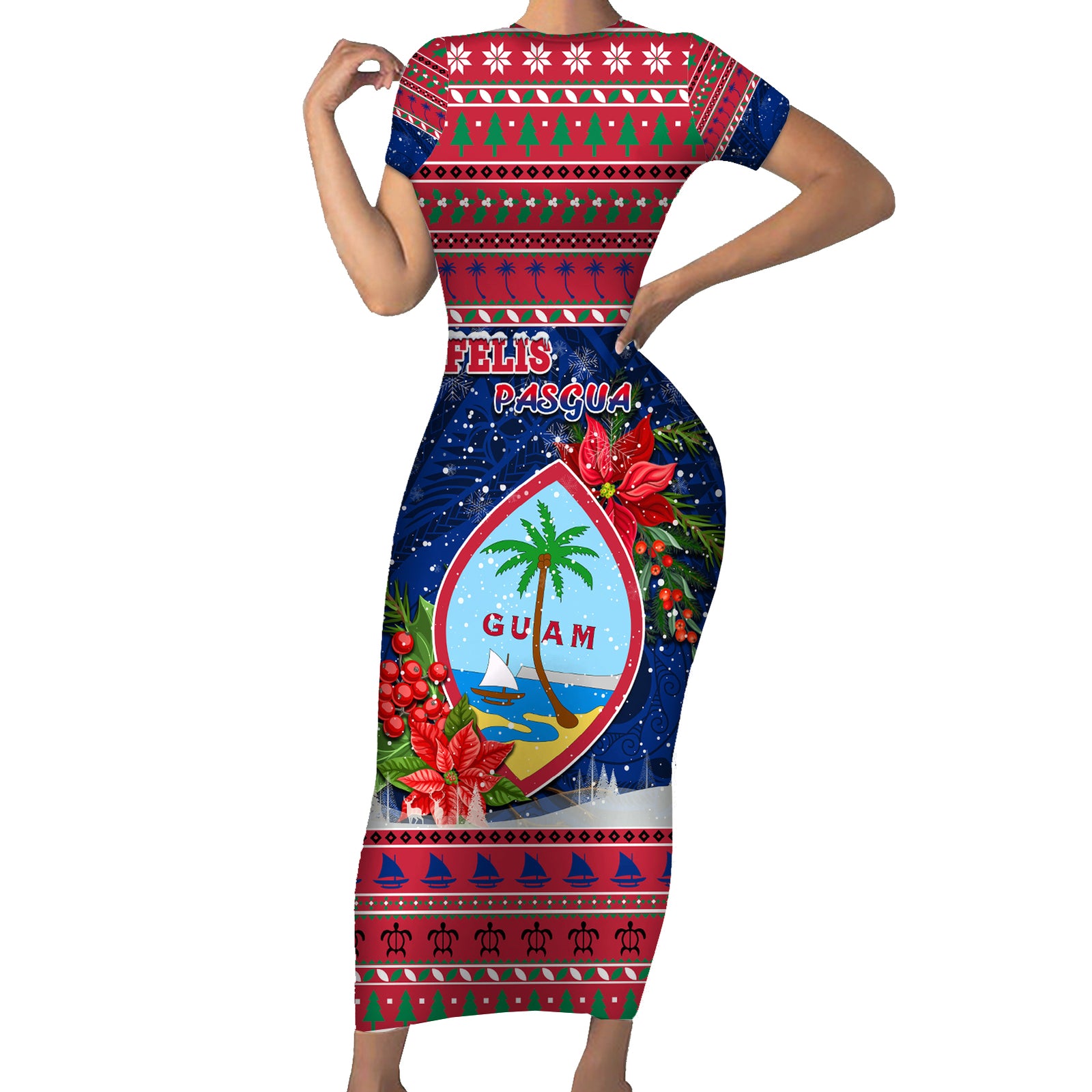 Personalized Guam Christmas Short Sleeve Bodycon Dress Guaman Seal Poinsettia Felis Pasgua LT05 Long Dress Red - Polynesian Pride