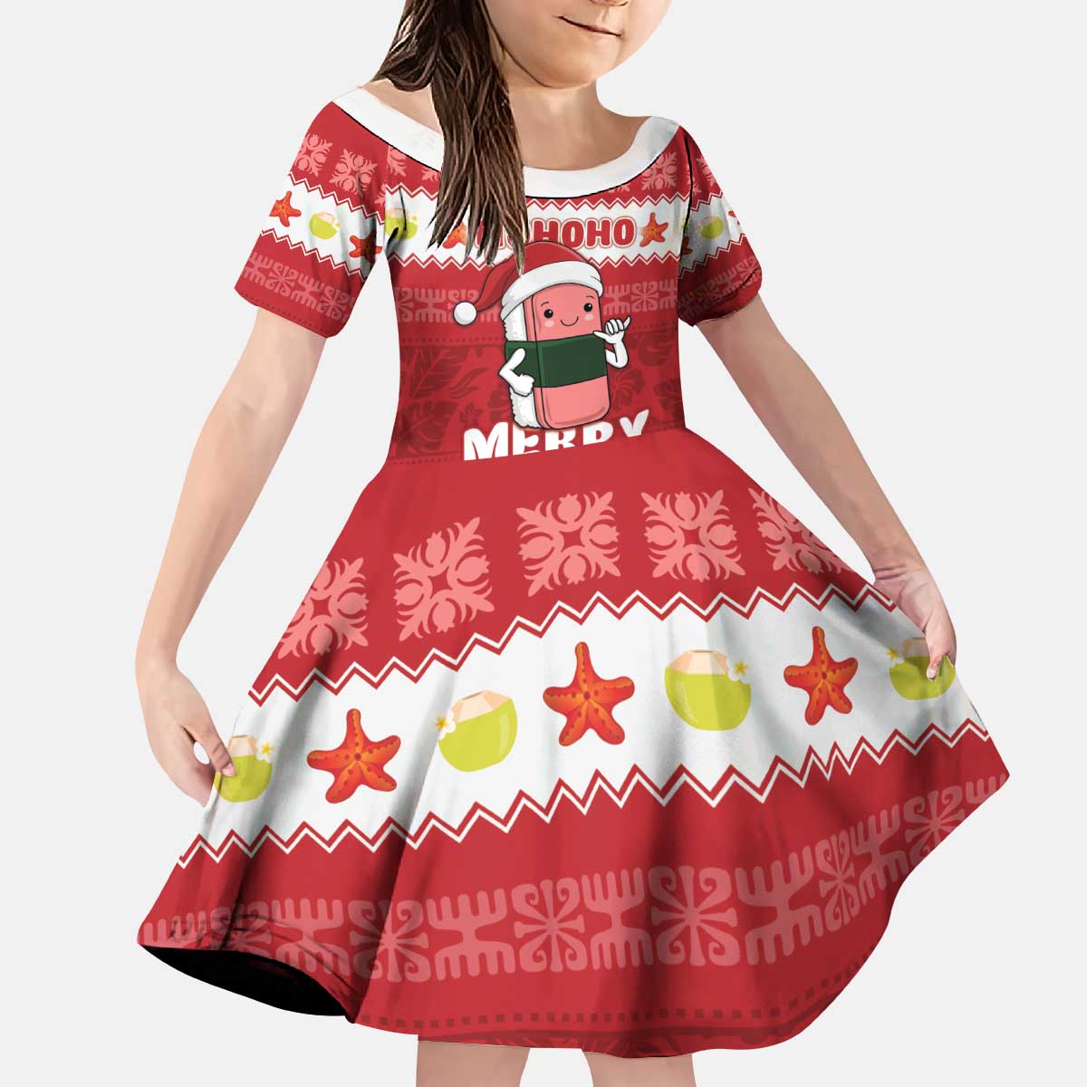 Hawaii Funny Christmas Kid Short Sleeve Dress Spam Musubi Santa LT05 KID Red - Polynesian Pride