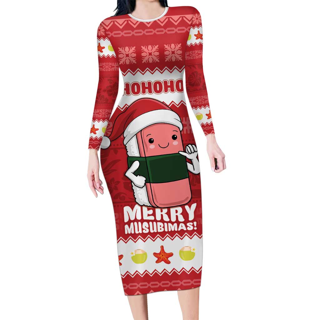 Hawaii Funny Christmas Long Sleeve Bodycon Dress Spam Musubi Santa LT05 Long Dress Red - Polynesian Pride
