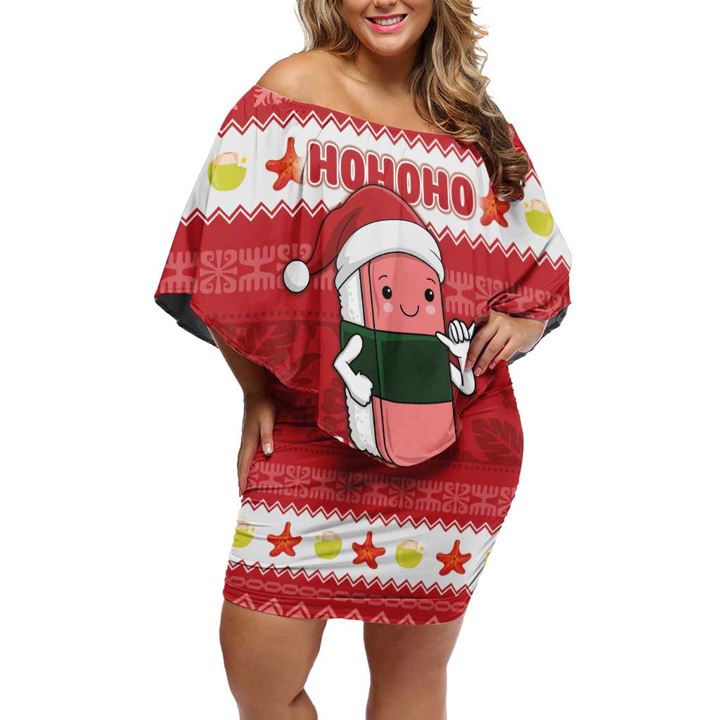Hawaii Funny Christmas Off Shoulder Short Dress Spam Musubi Santa LT05 Women Red - Polynesian Pride