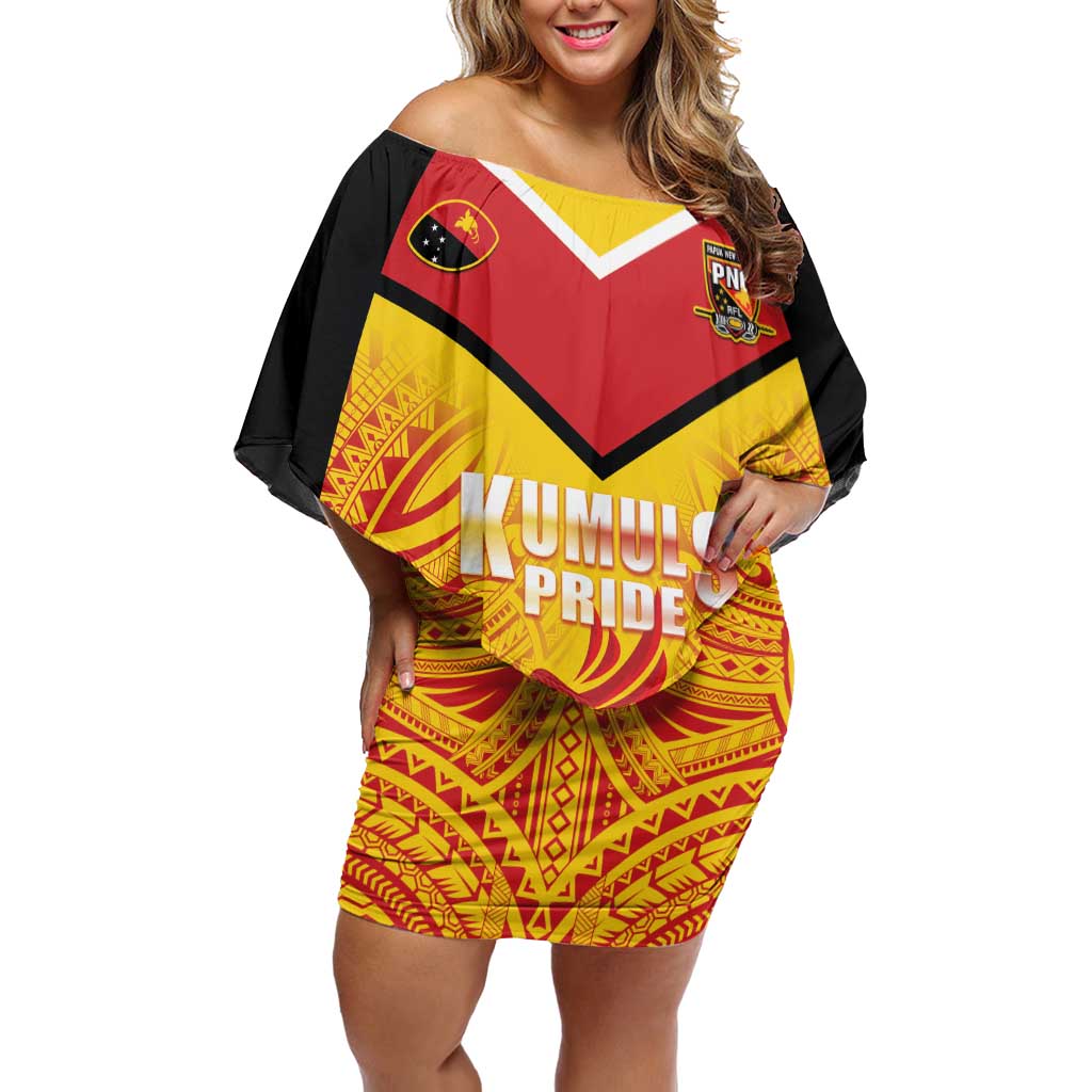 Papua New Guinea Rugby Custom Off Shoulder Short Dress Kumul Pride Go Champions LT05 Women Yellow - Polynesian Pride