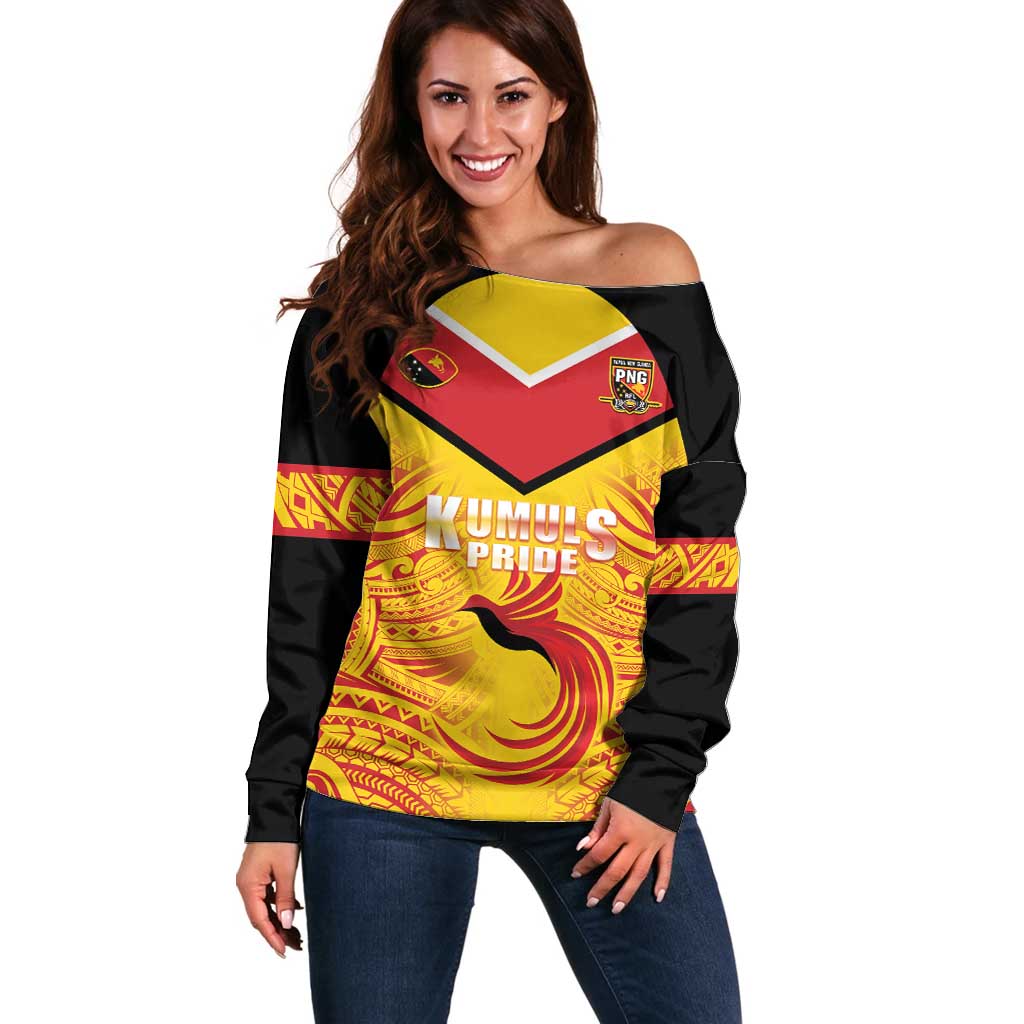 Papua New Guinea Rugby Custom Off Shoulder Sweater Kumul Pride Go Champions LT05 Women Yellow - Polynesian Pride