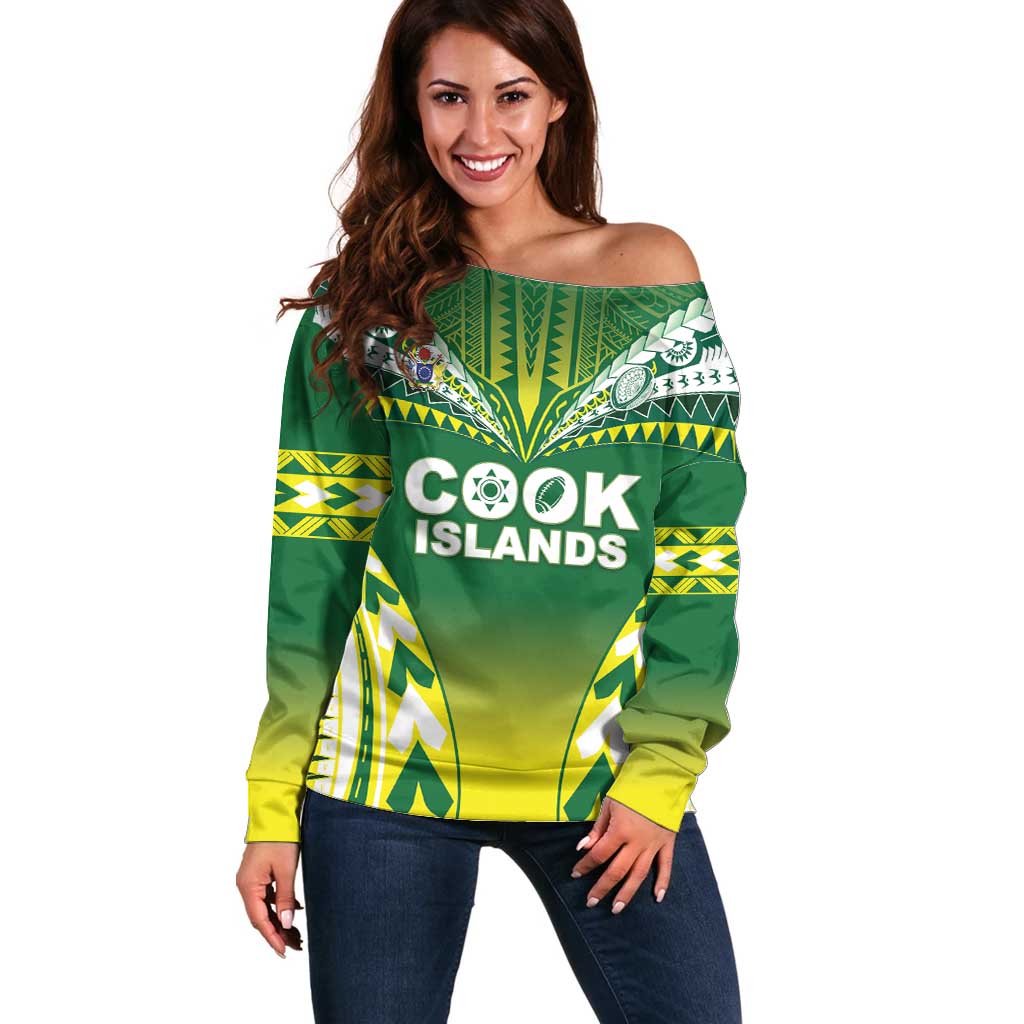 Cook Islands Rugby Custom Off Shoulder Sweater The Kukis Go Champions LT05 Women Green - Polynesian Pride