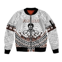 Fiji Rugby Custom Sleeve Zip Bomber Jacket Fijian Bati Go Champions LT05 Unisex White - Polynesian Pride