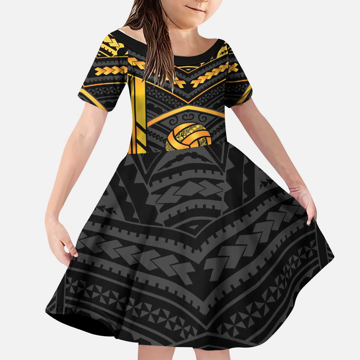 Custom Polynesia Beach Volleyball Kid Short Sleeve Dress Gold Polynesian Tribal Pattern LT05 KID Gold - Polynesian Pride
