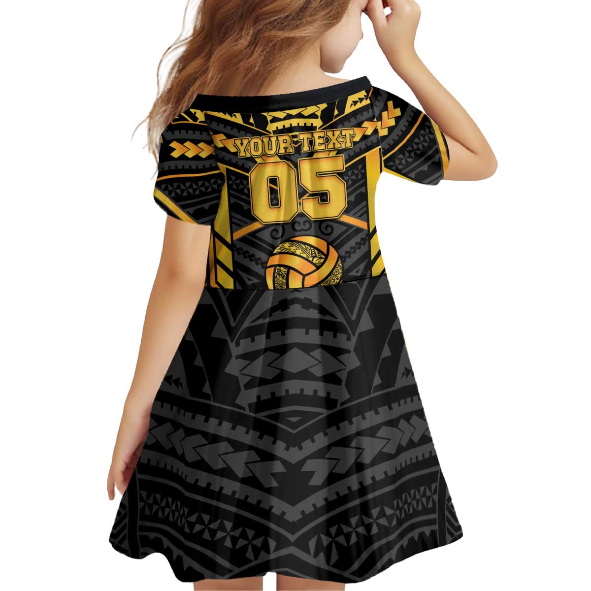 Custom Polynesia Beach Volleyball Kid Short Sleeve Dress Gold Polynesian Tribal Pattern LT05 - Polynesian Pride