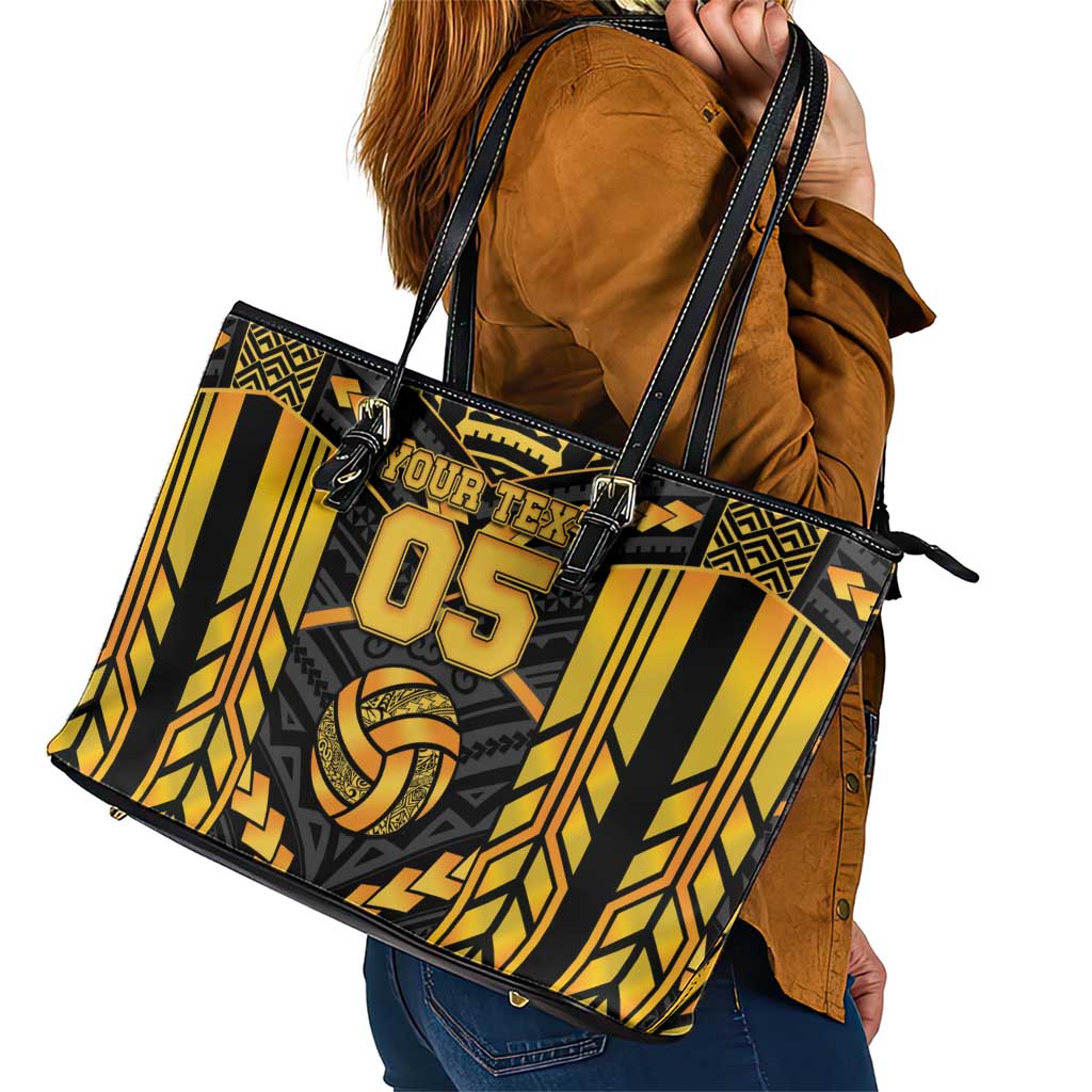 Custom Polynesia Beach Volleyball Leather Tote Bag Gold Polynesian Tribal Pattern LT05 - Polynesian Pride