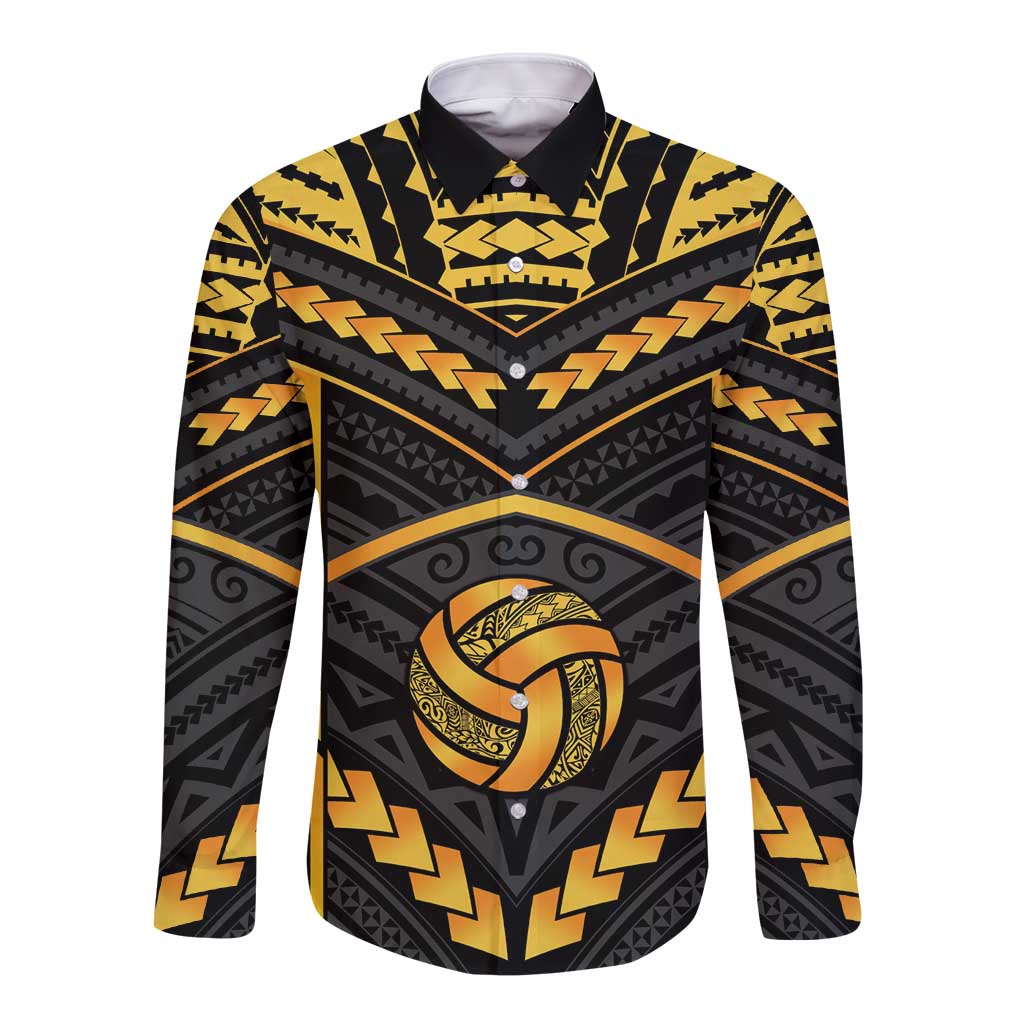 Custom Polynesia Beach Volleyball Long Sleeve Button Shirt Gold Polynesian Tribal Pattern LT05 Unisex Gold - Polynesian Pride