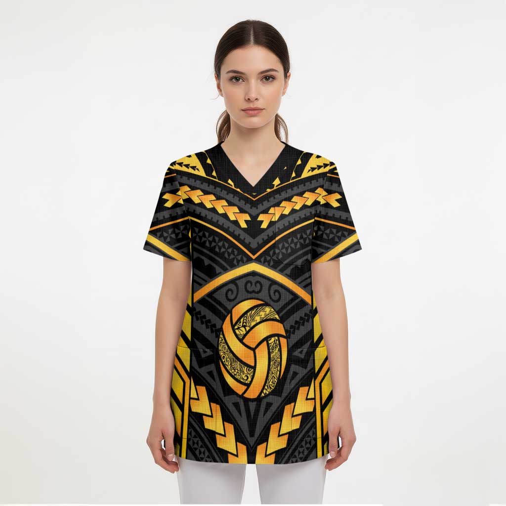 Custom Polynesia Beach Volleyball Scrub Top Gold Polynesian Tribal Pattern LT05 - Polynesian Pride