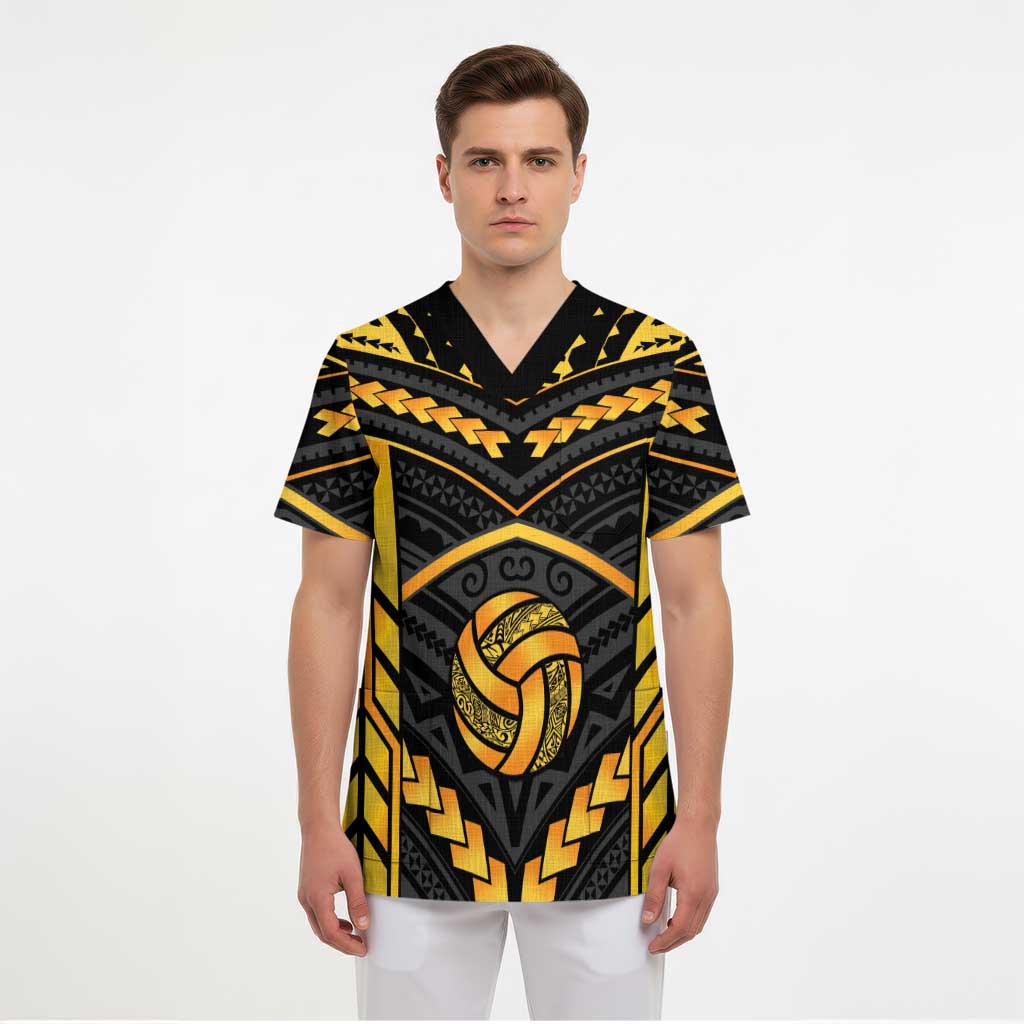 Custom Polynesia Beach Volleyball Scrub Top Gold Polynesian Tribal Pattern LT05 - Polynesian Pride