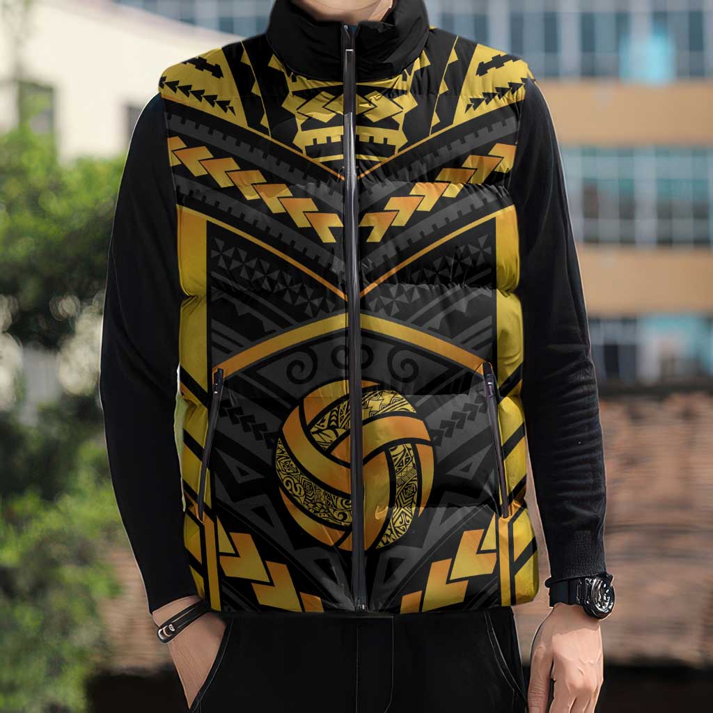Custom Polynesia Beach Volleyball Sleeveless Puffer Jacket Gold Polynesian Tribal Pattern LT05 - Polynesian Pride