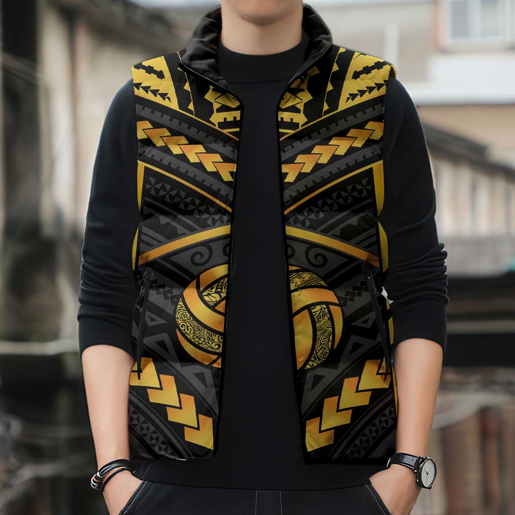 Custom Polynesia Beach Volleyball Sleeveless Puffer Jacket Gold Polynesian Tribal Pattern LT05 - Polynesian Pride