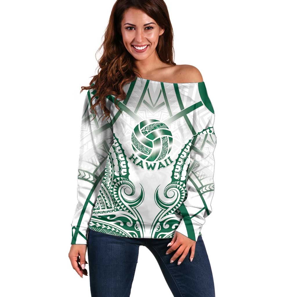 Custom Hawaii Volleyball Off Shoulder Sweater Polynesian Pattern LT05 Women Teal - Polynesian Pride