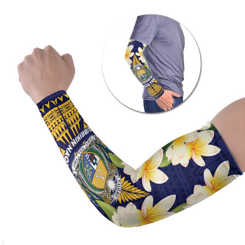 Personalised Nauru Independence Day Arm Sleeves Coat Of Arms With Plumeria LT05 Set of 2 Navy - Polynesian Pride