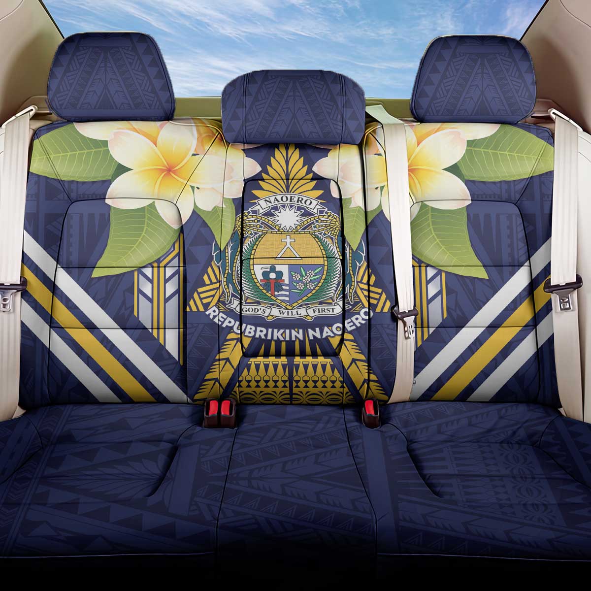 Nauru Independence Day Back Car Seat Cover Coat Of Arms With Plumeria LT05 One Size Navy - Polynesian Pride