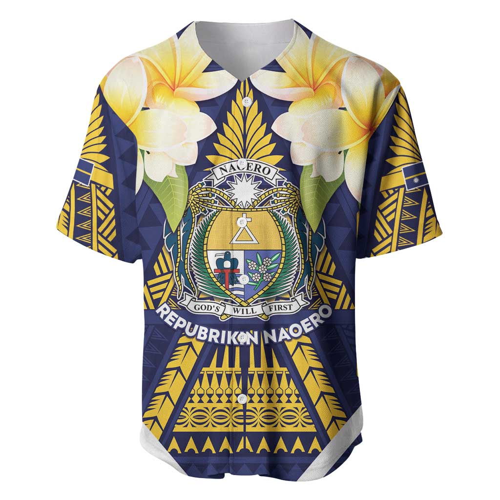 Personalised Nauru Independence Day Baseball Jersey Coat Of Arms With Plumeria LT05 Navy - Polynesian Pride