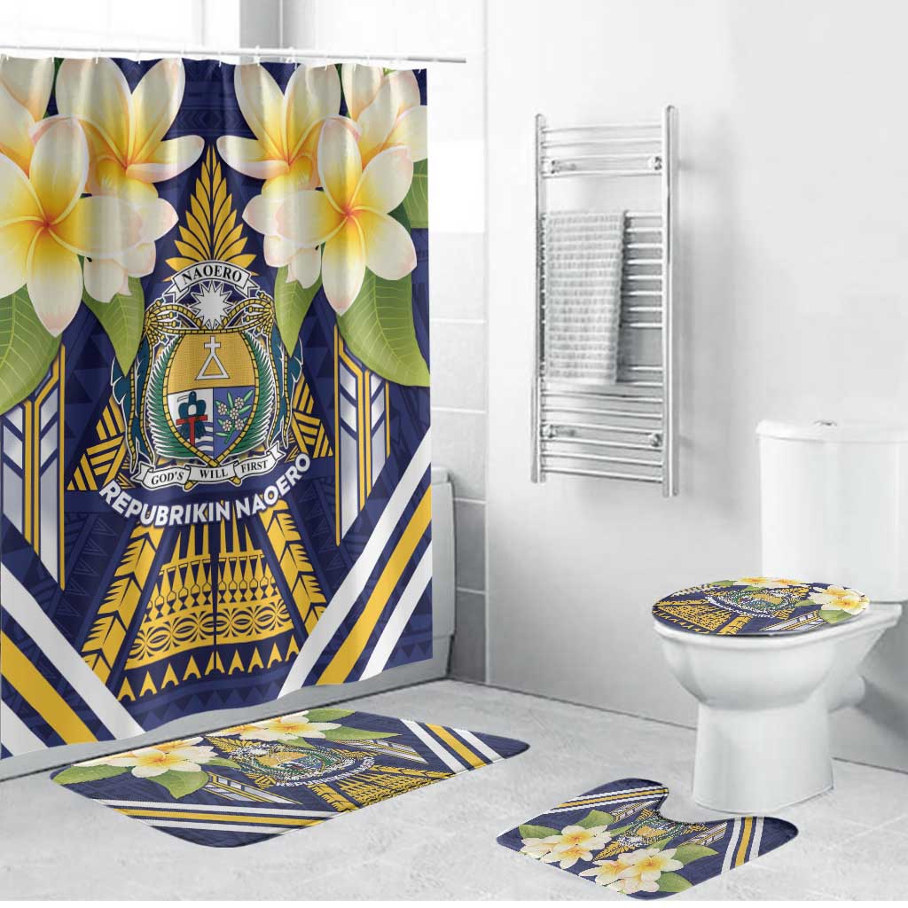 Nauru Independence Day Bathroom Set Coat Of Arms With Plumeria LT05 Bathroom Set (4 pcs) Navy - Polynesian Pride