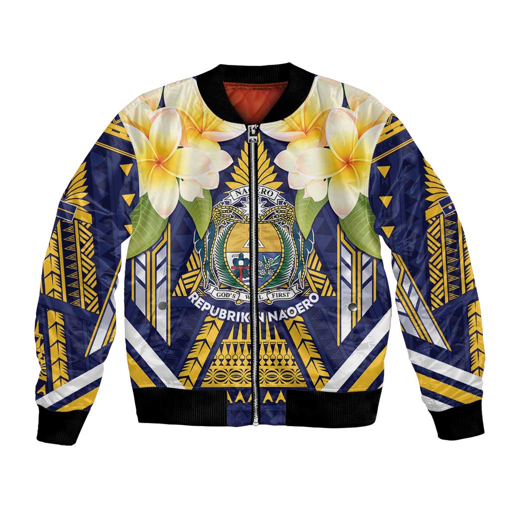 Personalised Nauru Independence Day Bomber Jacket Coat Of Arms With Plumeria LT05 Unisex Navy - Polynesian Pride