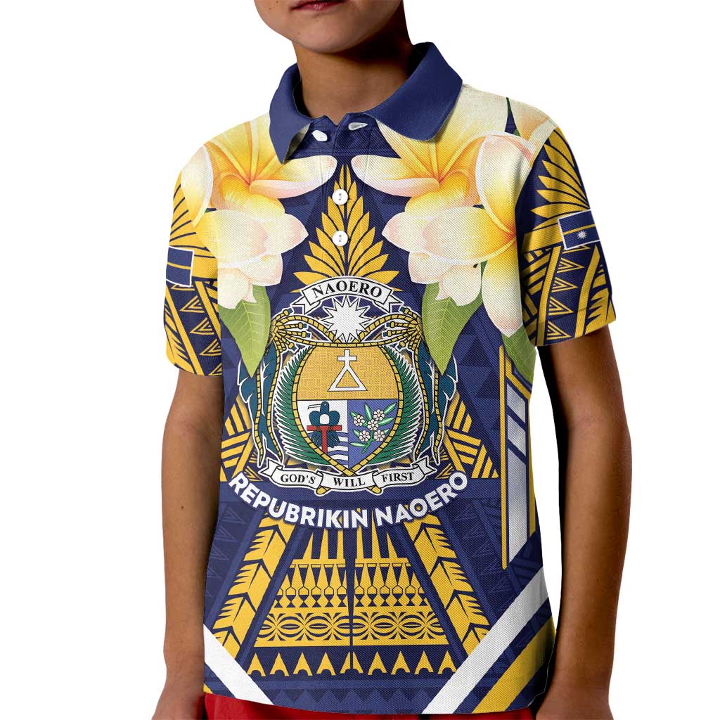 Personalised Nauru Independence Day Kid Polo Shirt Coat Of Arms With Plumeria LT05 Kid Navy - Polynesian Pride
