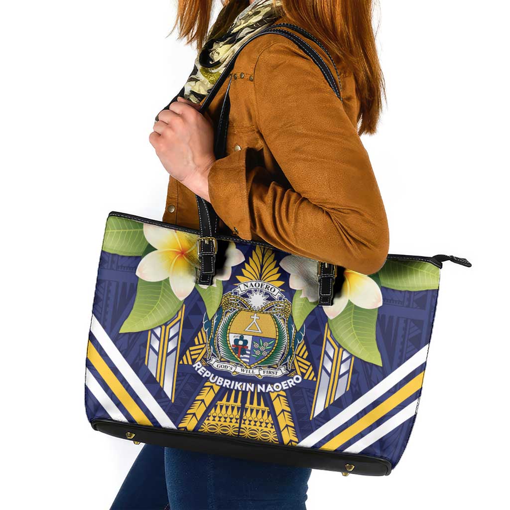 Nauru Independence Day Leather Tote Bag Coat Of Arms With Plumeria LT05 Navy - Polynesian Pride