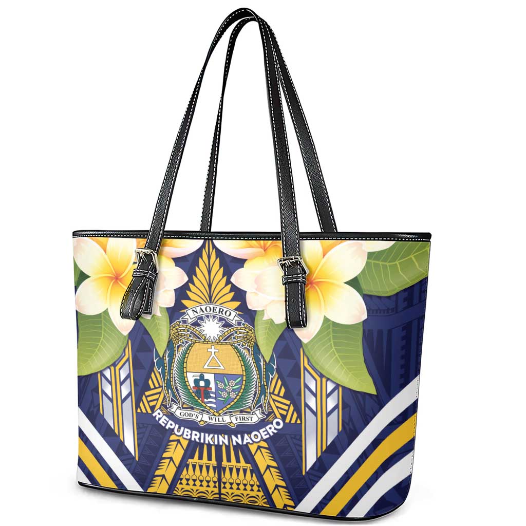 Nauru Independence Day Leather Tote Bag Coat Of Arms With Plumeria LT05 - Polynesian Pride