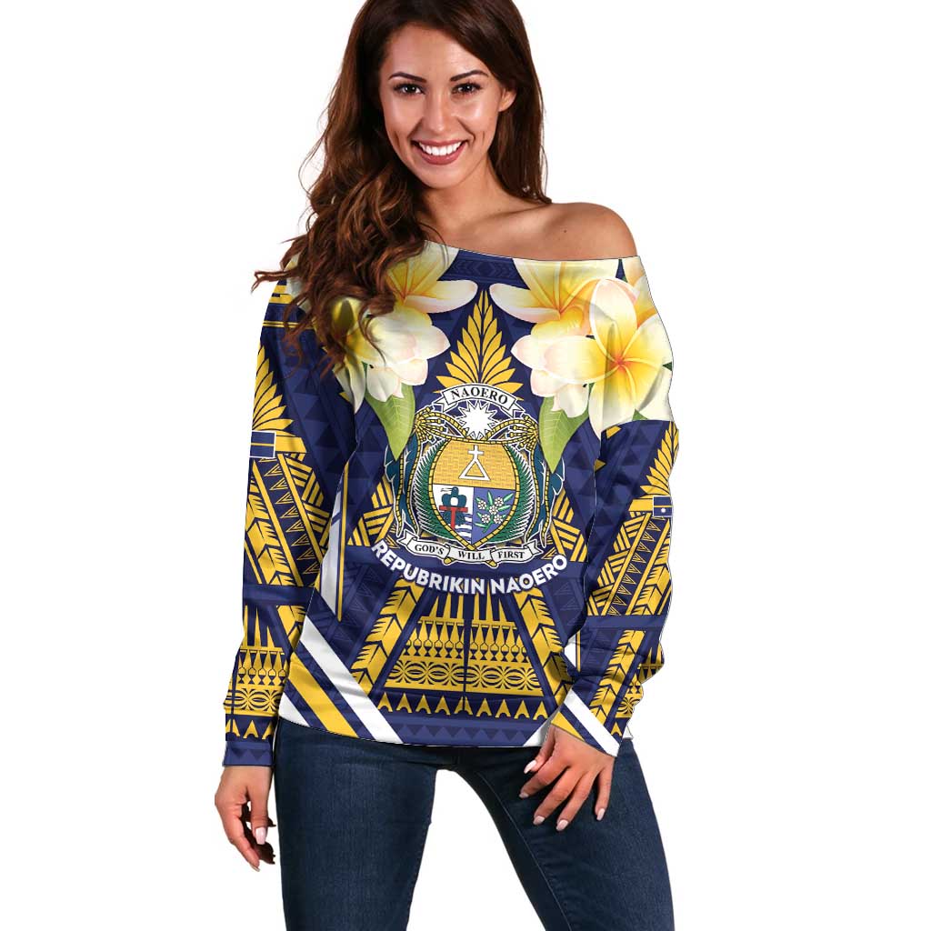 Personalised Nauru Independence Day Off Shoulder Sweater Coat Of Arms With Plumeria LT05 Women Navy - Polynesian Pride