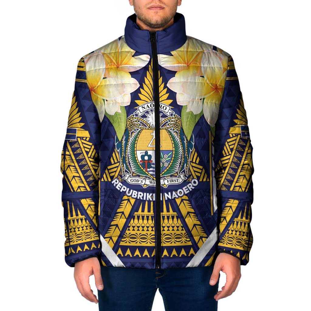 Personalised Nauru Independence Day Padded Jacket Coat Of Arms With Plumeria LT05 Men Navy - Polynesian Pride