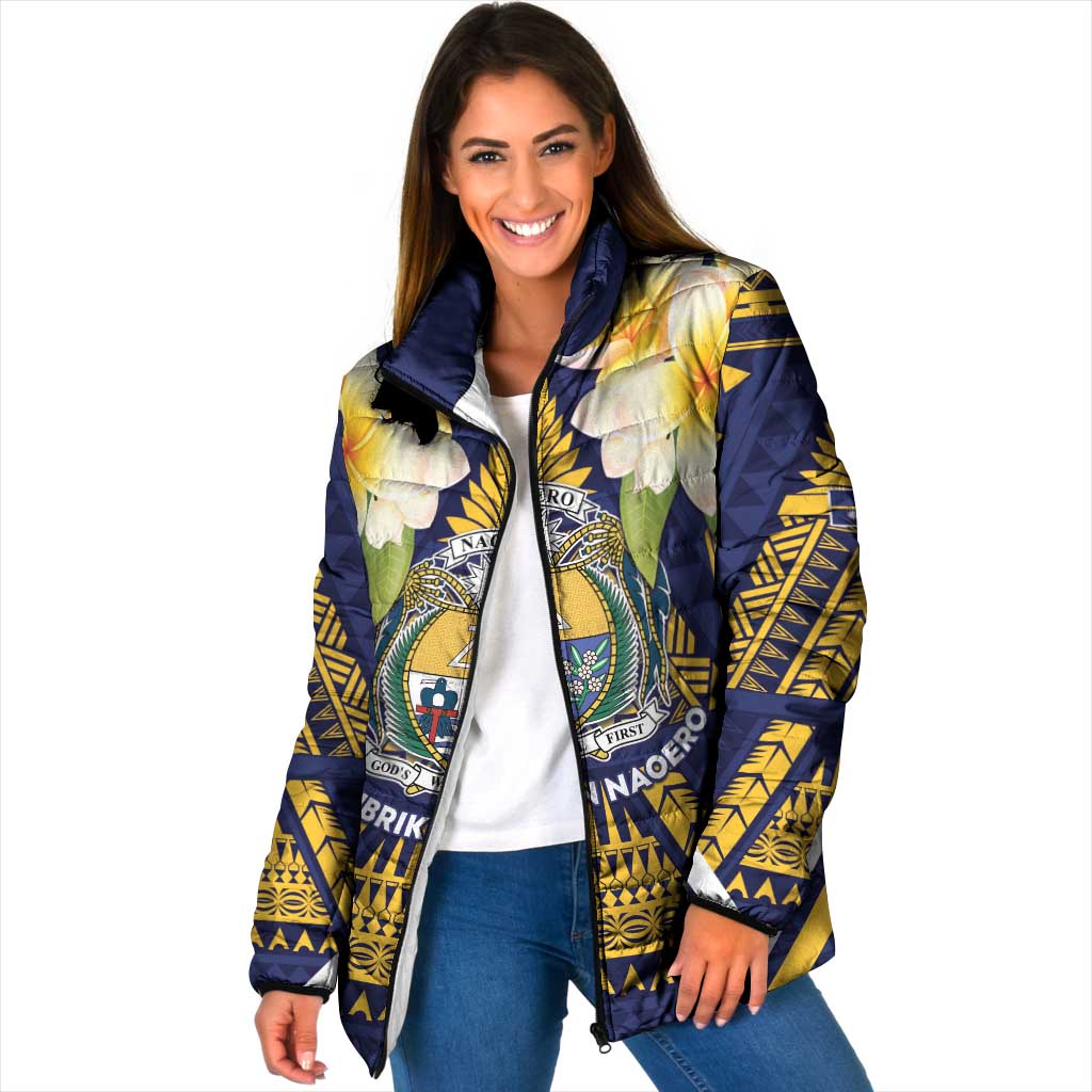 Personalised Nauru Independence Day Padded Jacket Coat Of Arms With Plumeria LT05 Women Navy - Polynesian Pride