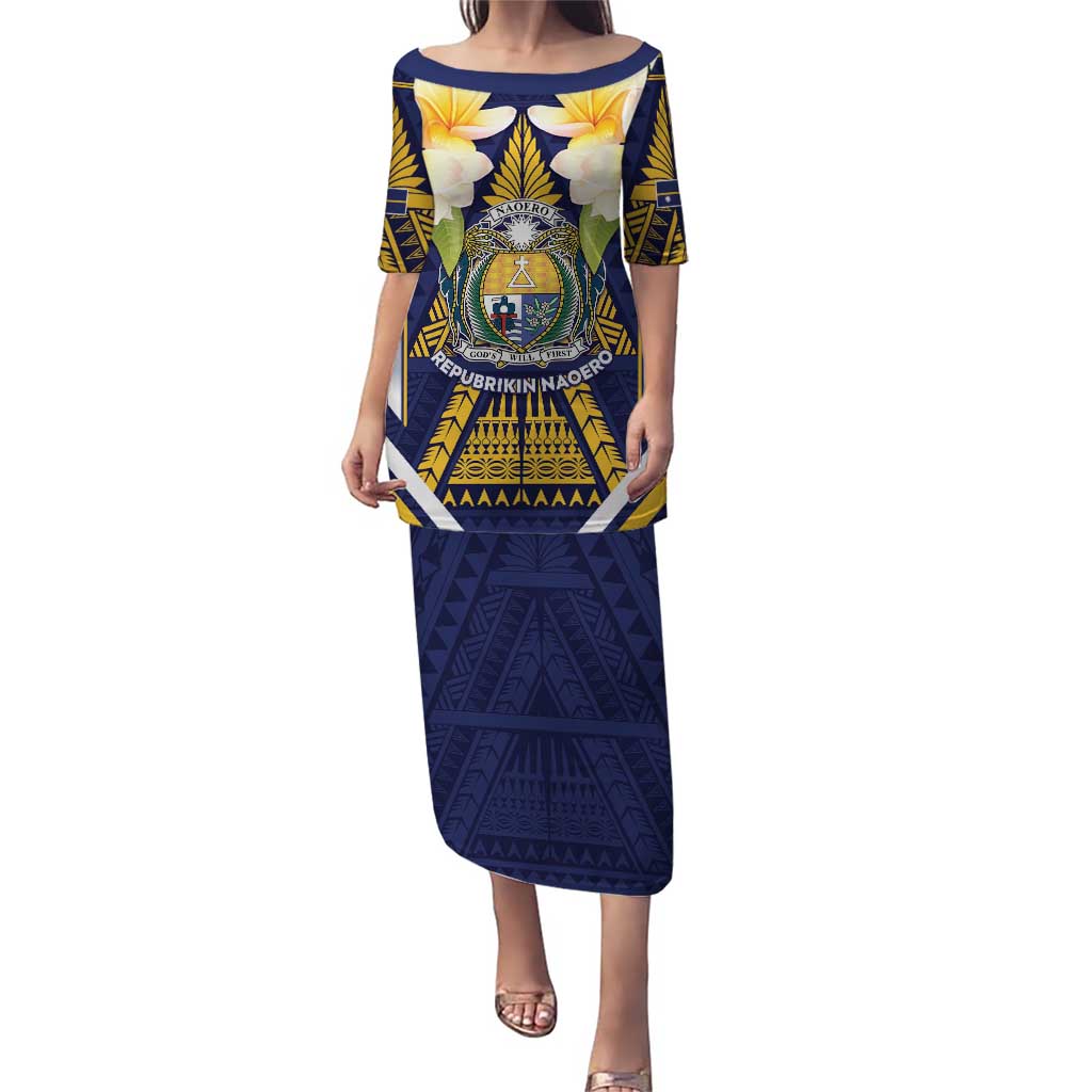 Personalised Nauru Independence Day Puletasi Coat Of Arms With Plumeria LT05 Long Dress Navy - Polynesian Pride