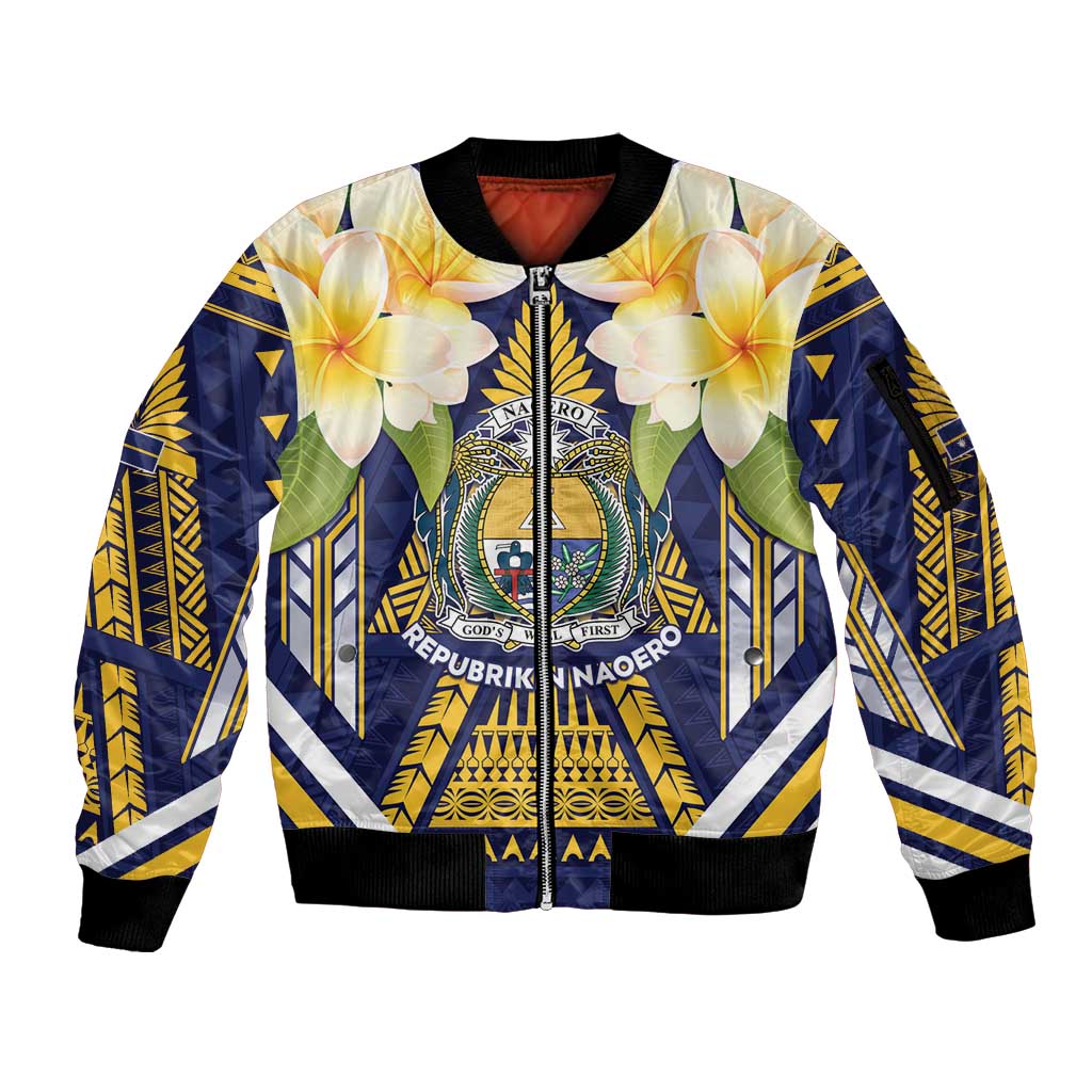 Personalised Nauru Independence Day Sleeve Zip Bomber Jacket Coat Of Arms With Plumeria LT05 Unisex Navy - Polynesian Pride