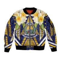 Personalised Nauru Independence Day Sleeve Zip Bomber Jacket Coat Of Arms With Plumeria LT05 Unisex Navy - Polynesian Pride