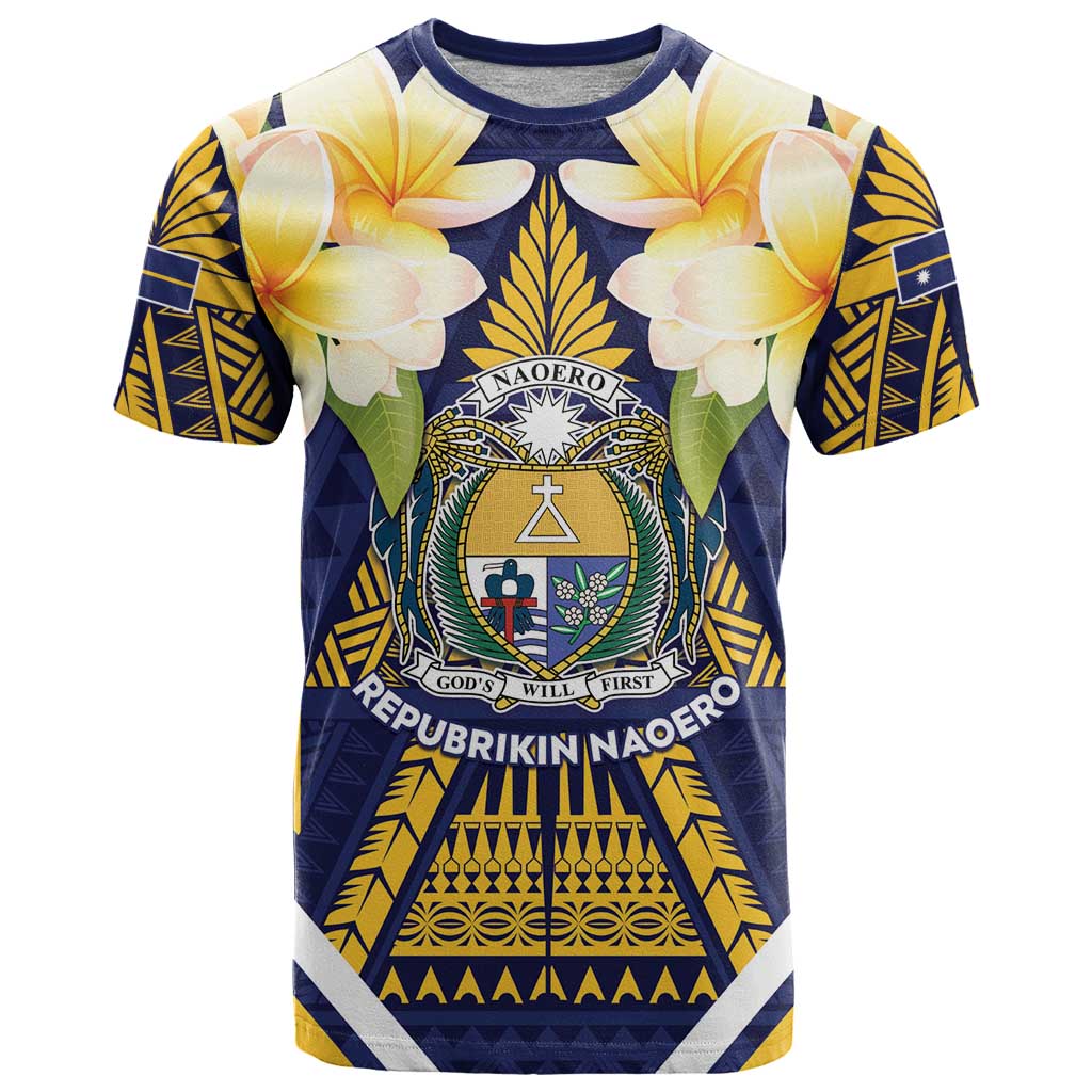 Personalised Nauru Independence Day T Shirt Coat Of Arms With Plumeria LT05 Navy - Polynesian Pride