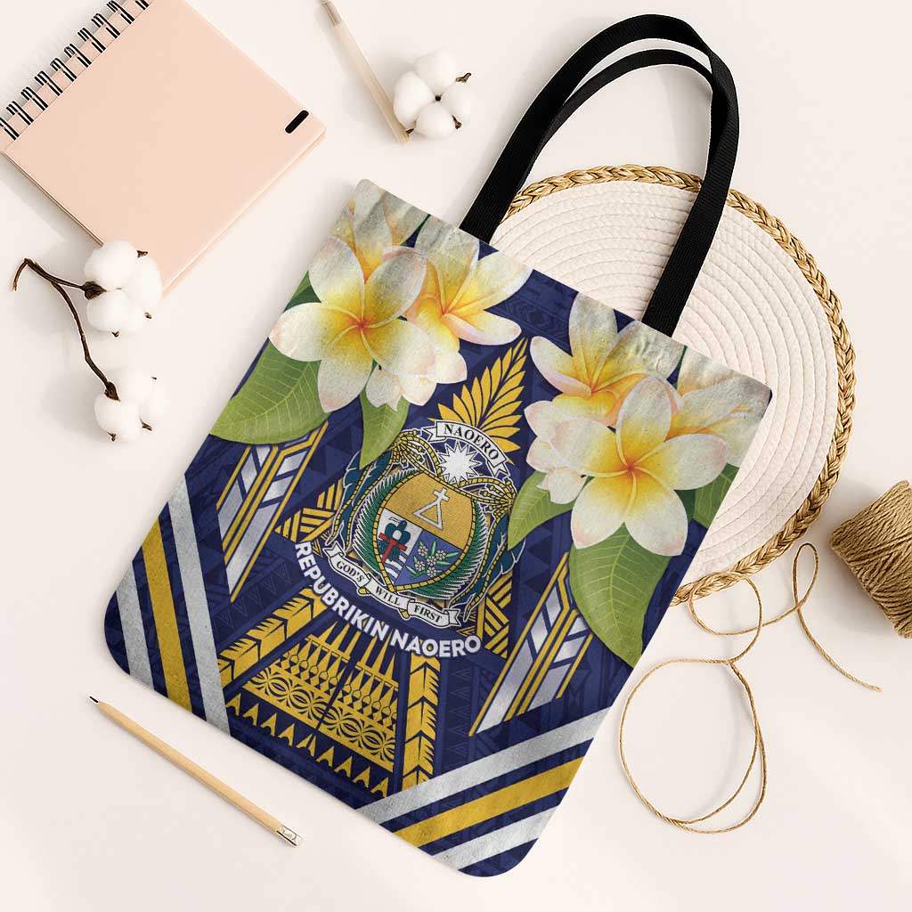 Nauru Independence Day Tote Bag Coat Of Arms With Plumeria LT05 Black Strap One Size Navy - Polynesian Pride
