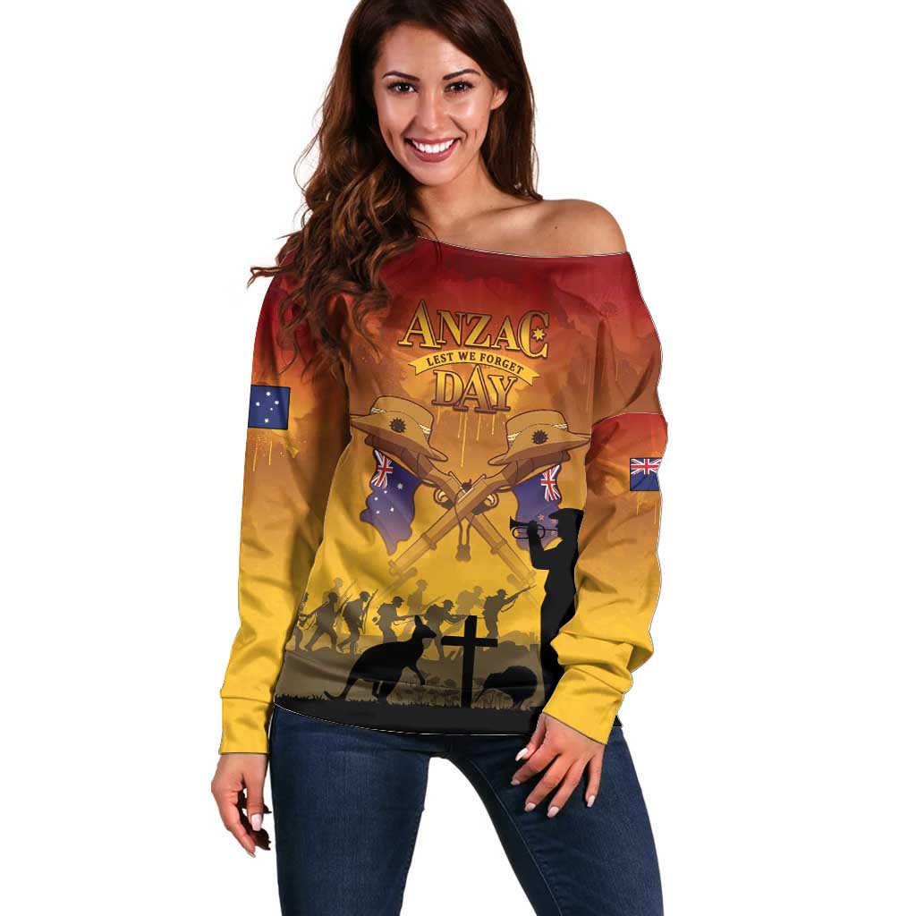ANZAC Day Off Shoulder Sweater Australia And New Zealand Slouch Hats LT05 Women Yellow - Polynesian Pride