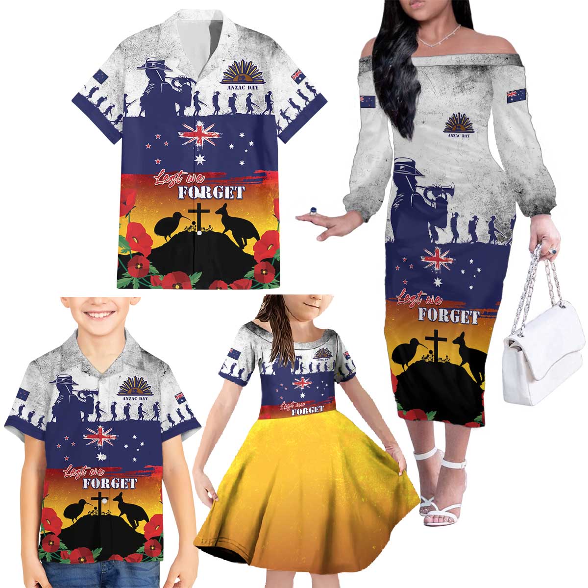 New Zealand And Australia ANZAC Last Post Family Matching Off The Shoulder Long Sleeve Dress and Hawaiian Shirt