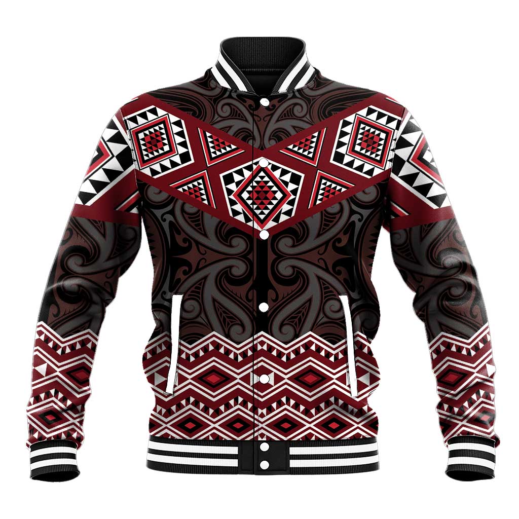 New Zealand Aotearoa Baseball Jacket Red Taniko Art Maori Pattern LT05 Unisex Red - Polynesian Pride