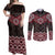 New Zealand Aotearoa Couples Matching Off Shoulder Maxi Dress and Long Sleeve Button Shirt Red Taniko Art Maori Pattern