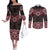 New Zealand Aotearoa Couples Matching Off The Shoulder Long Sleeve Dress and Long Sleeve Button Shirt Red Taniko Art Maori Pattern