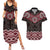 New Zealand Aotearoa Couples Matching Summer Maxi Dress and Hawaiian Shirt Red Taniko Art Maori Pattern